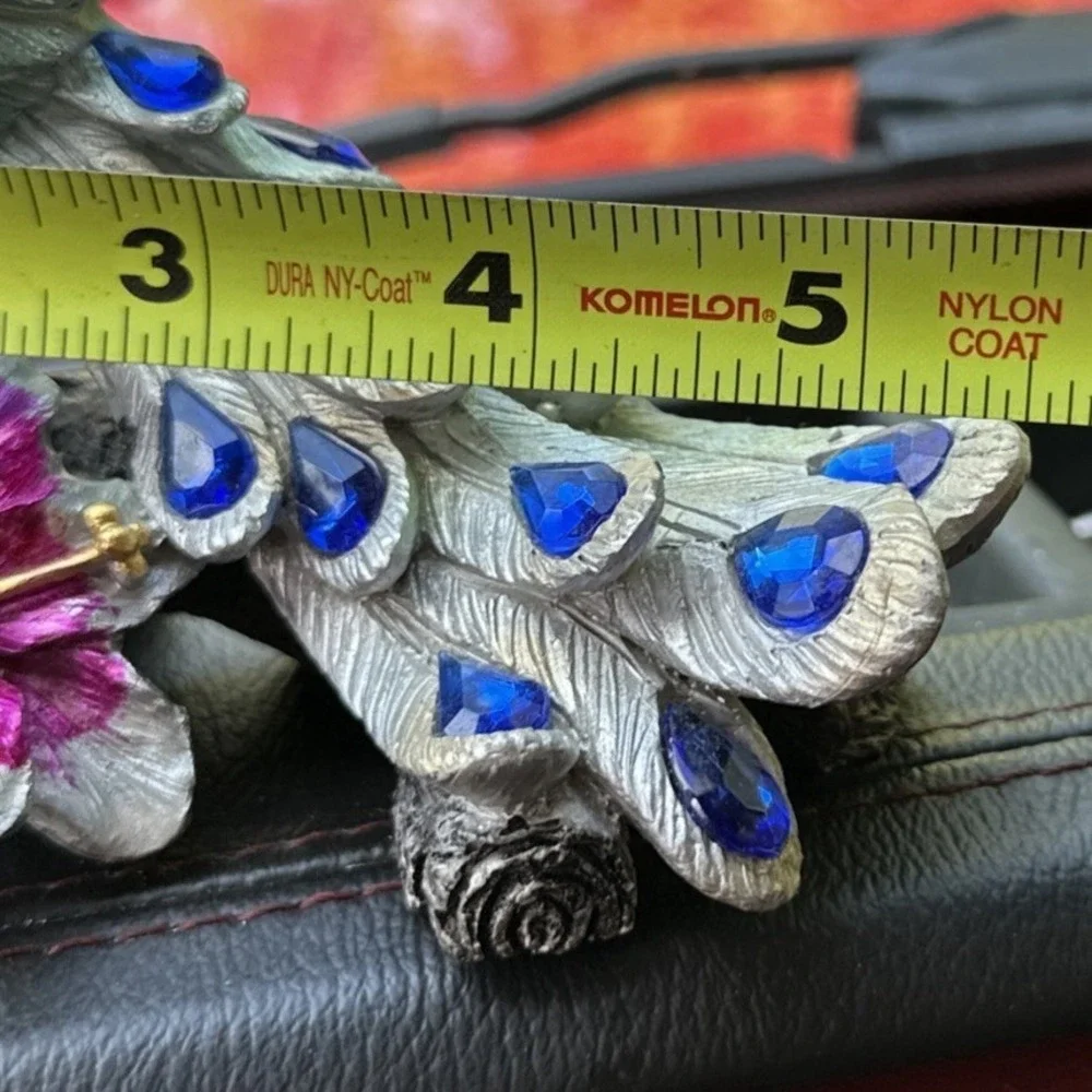 Peacock Figurine Resin Bird Statue Blue Jewel Tail Floral Branch Decor 5.5